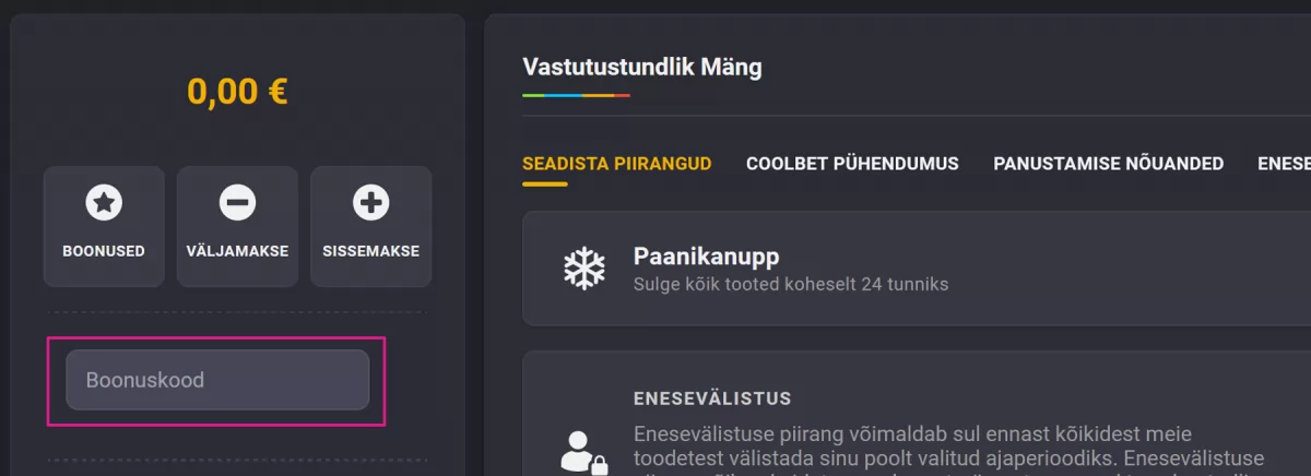 Coolbeti boonuskoodi väli